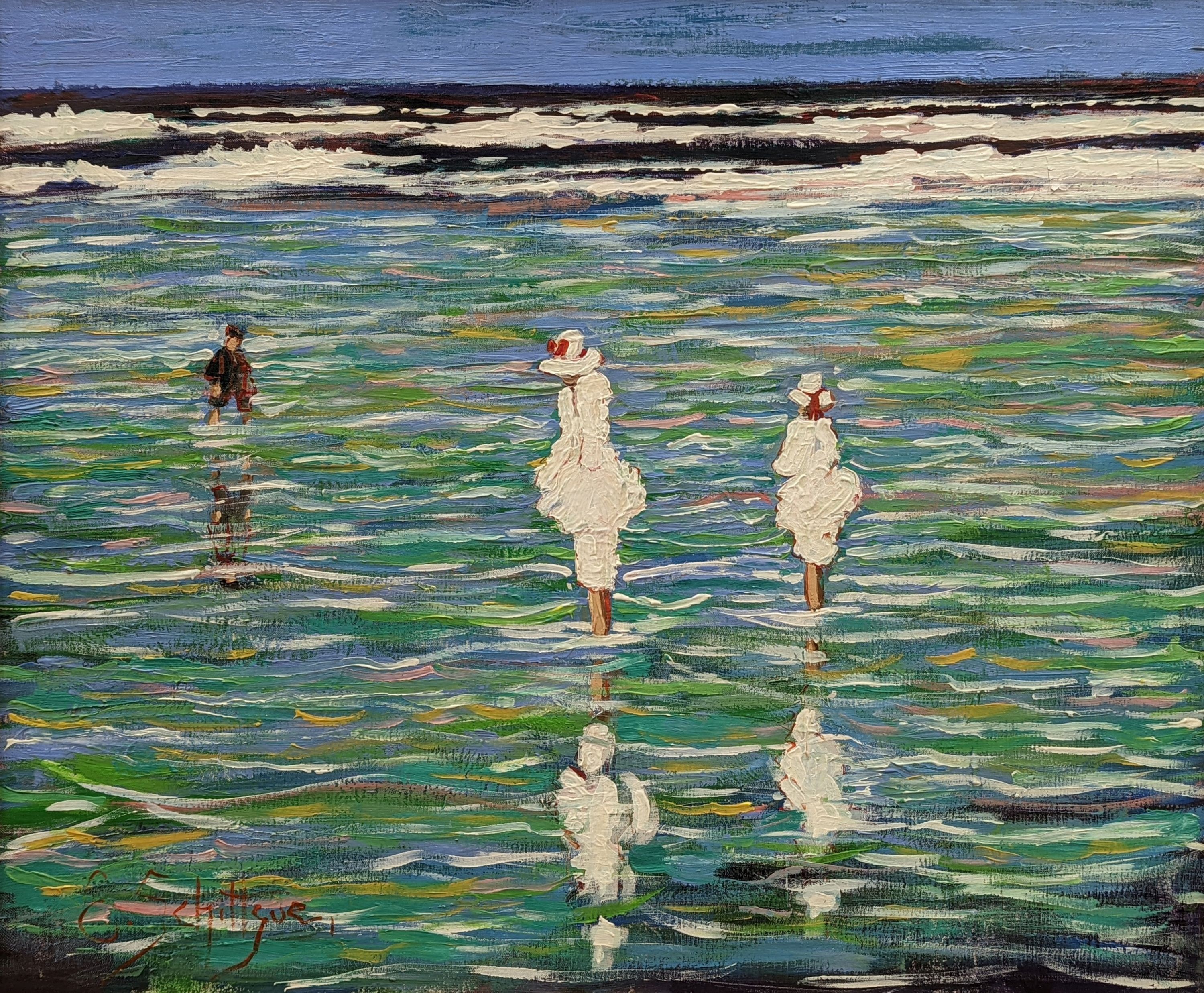 E. Schitigue, oil on canvas, Figures on the shore, signed, 62 x 75cm